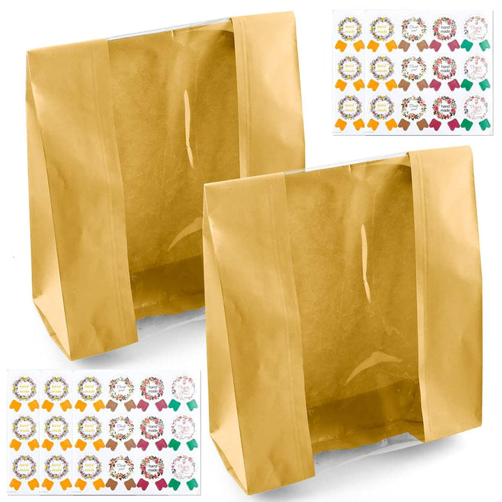 Kraft Bakery Bags with Window & Labels — 50 Pack