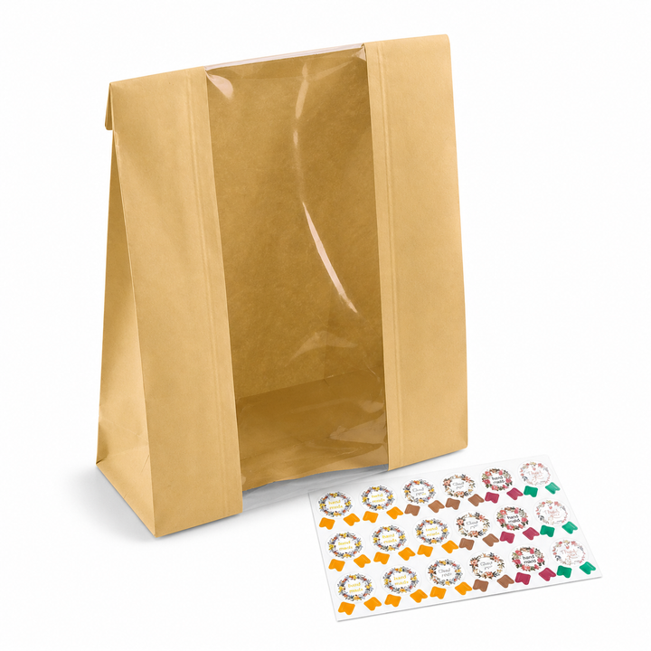 Kraft Bakery Bags with Window & Labels — 50 Pack