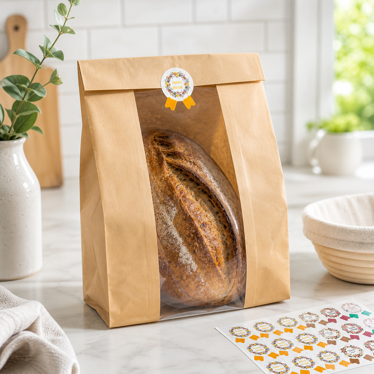 Kraft Bakery Bags with Window & Labels — 50 Pack