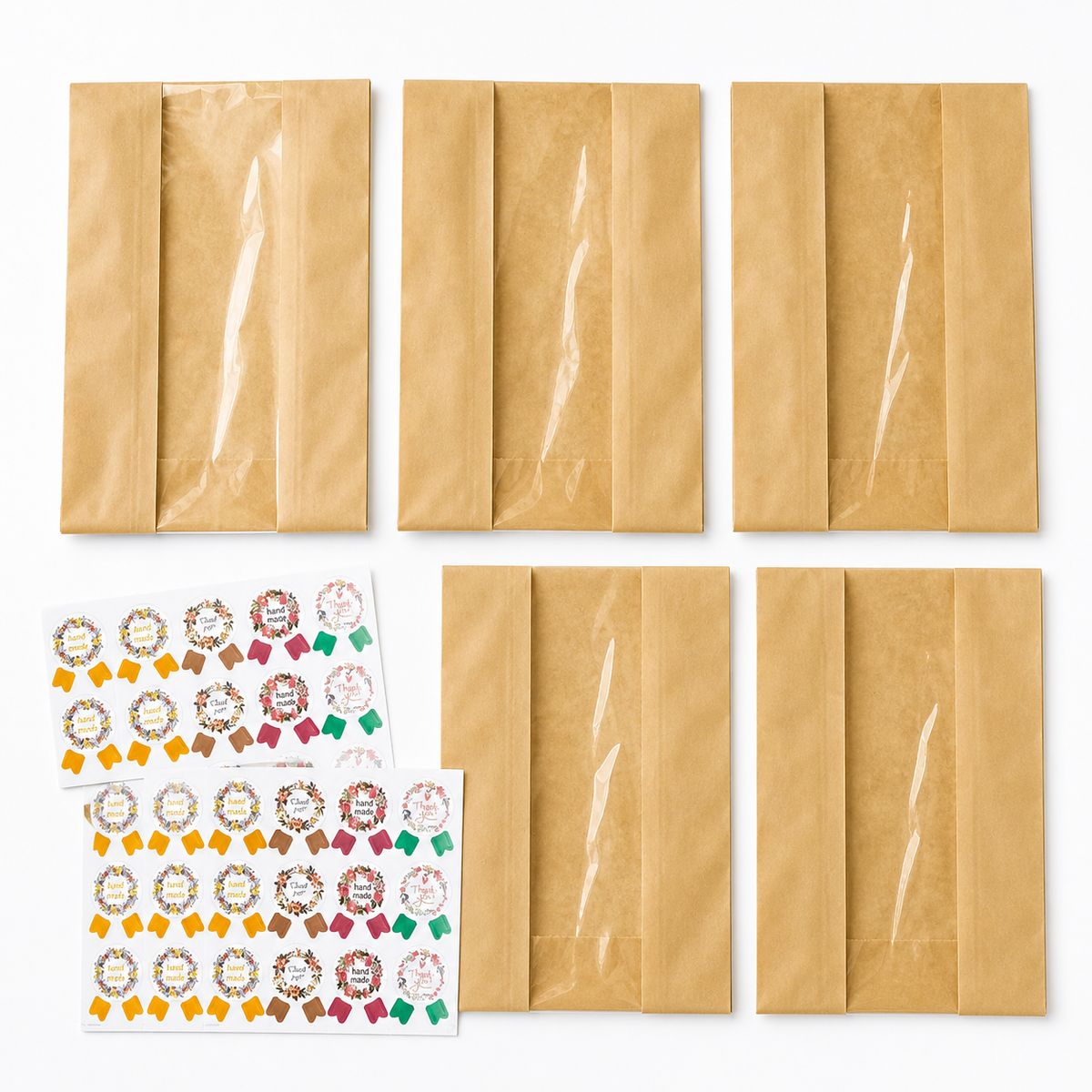 Kraft Bakery Bags with Window & Labels — 50 Pack
