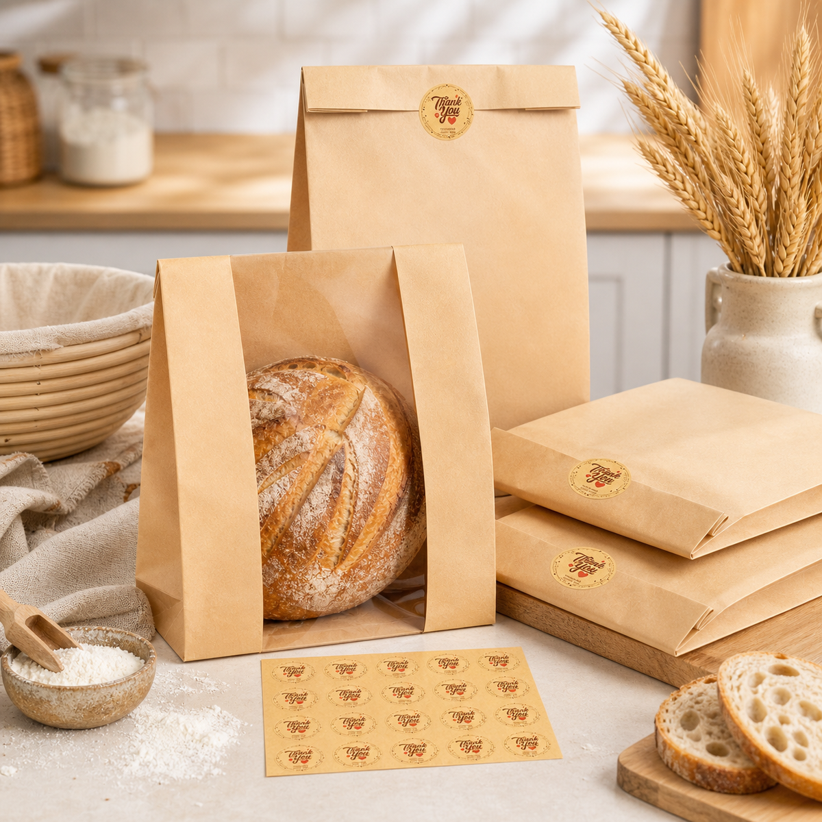Kraft Bread Bags with Window — 30 Pack